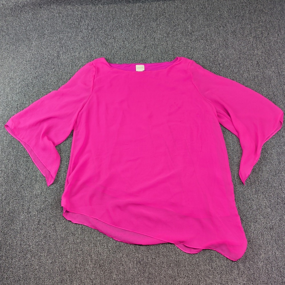 Chico's Modern Asymmetrical Split Bell Sleeve Blouse 2P Pink Barbiecore Flowy